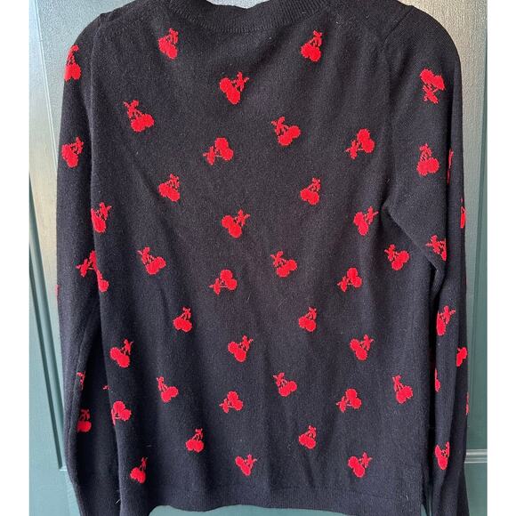 J. Crew 100% Cashmere Cherry Print Sweater Small Black Red Holiday Winter EUC - Picture 3 of 7